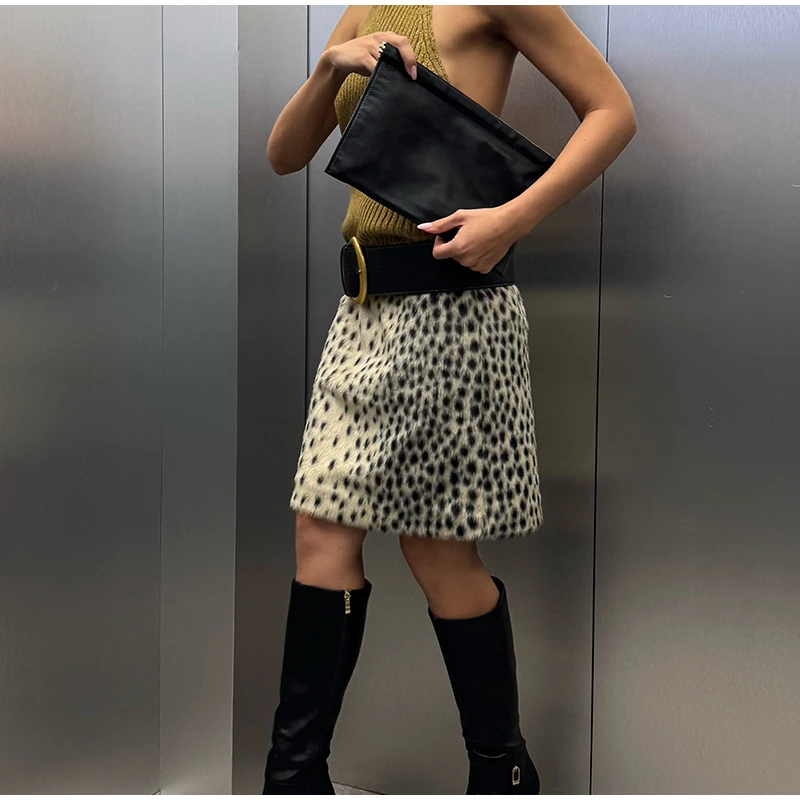 Fashion Leopard Print Faux Fur Women's Skirt Autumn Winter Straight Midi Skirts Lady New Elegant Chic Fashion Clothes 2026