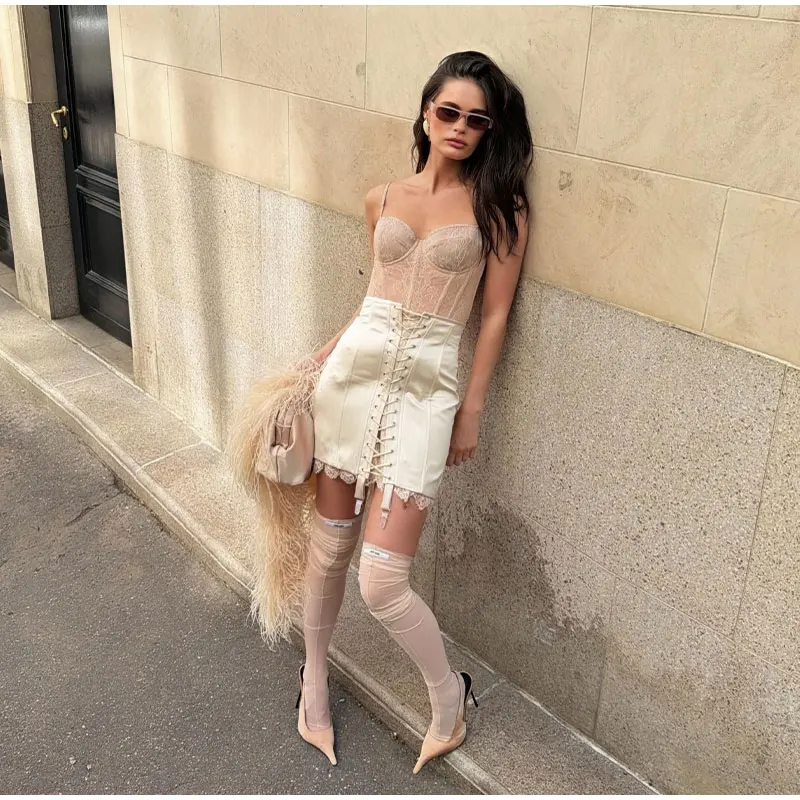 Urban Lace Patchwork Women Skirt Sexy Bandage Hip Package Empire Female Skirts 2026 Summer Autumn All-match Lady Streetwear