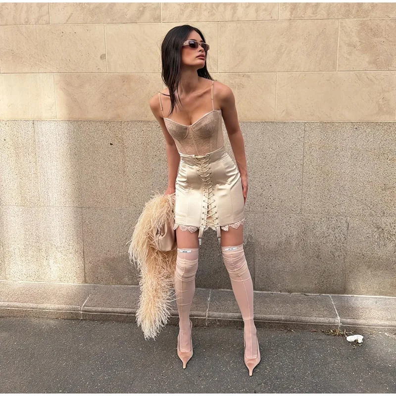 Urban Lace Patchwork Women Skirt Sexy Bandage Hip Package Empire Female Skirts 2026 Summer Autumn All-match Lady Streetwear