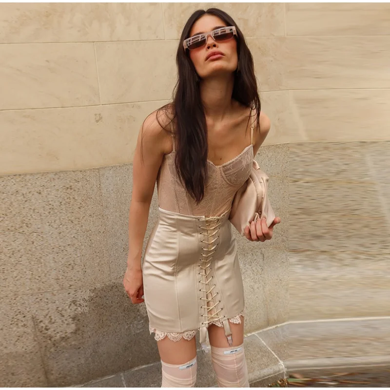 Urban Lace Patchwork Women Skirt Sexy Bandage Hip Package Empire Female Skirts 2026 Summer Autumn All-match Lady Streetwear