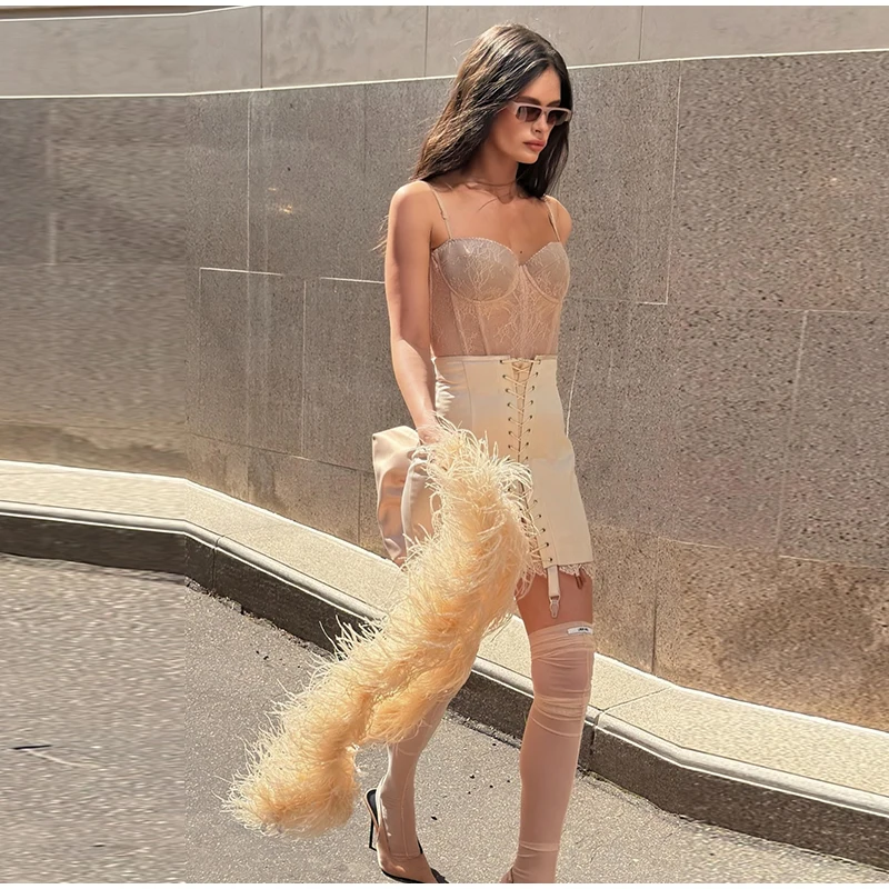 Urban Lace Patchwork Women Skirt Sexy Bandage Hip Package Empire Female Skirts 2026 Summer Autumn All-match Lady Streetwear