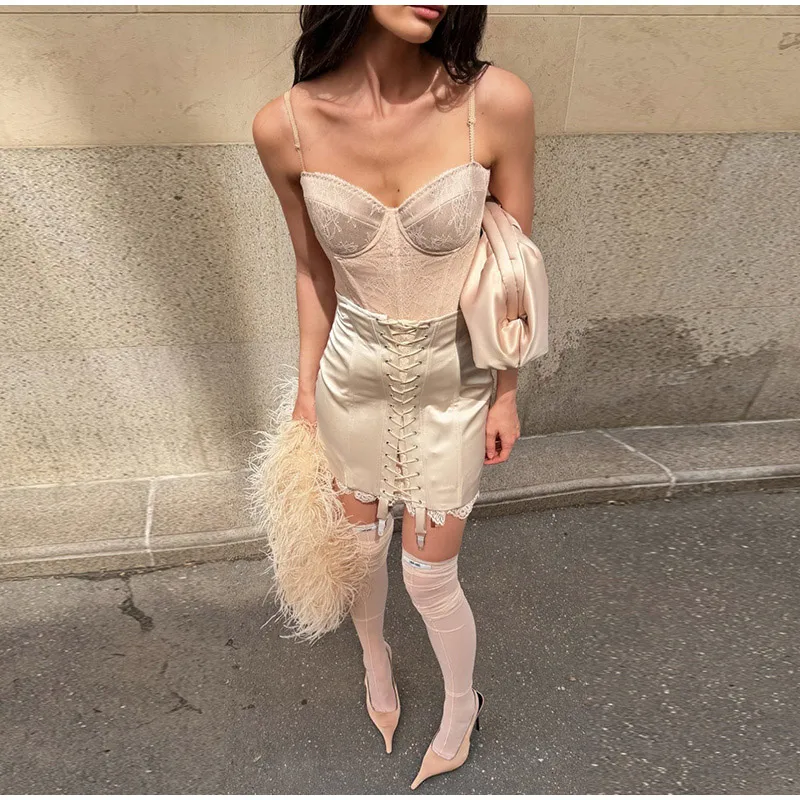 Urban Lace Patchwork Women Skirt Sexy Bandage Hip Package Empire Female Skirts 2026 Summer Autumn All-match Lady Streetwear