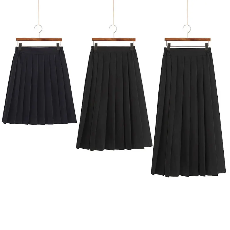 Women Skirt Elastic Waist Japanese Student Girls School Uniform Solid JK Pleated Skirt Short/Middle/Long Skirt A-Line Streetwear