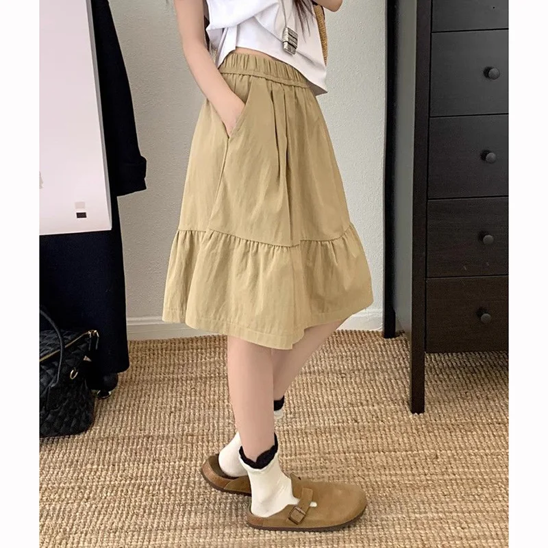 Summer Girls Chic Baggy A-line Skirts Female Korean Designer High Waist Skirts Women Fashion Classic Solid Mid-Long Dress