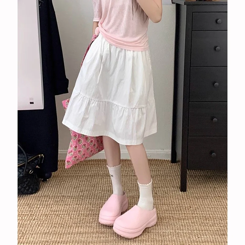 Summer Girls Chic Baggy A-line Skirts Female Korean Designer High Waist Skirts Women Fashion Classic Solid Mid-Long Dress