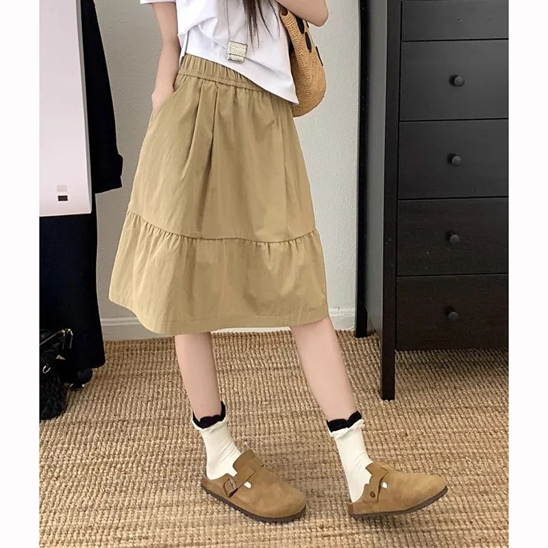 Summer Girls Chic Baggy A-line Skirts Female Korean Designer High Waist Skirts Women Fashion Classic Solid Mid-Long Dress