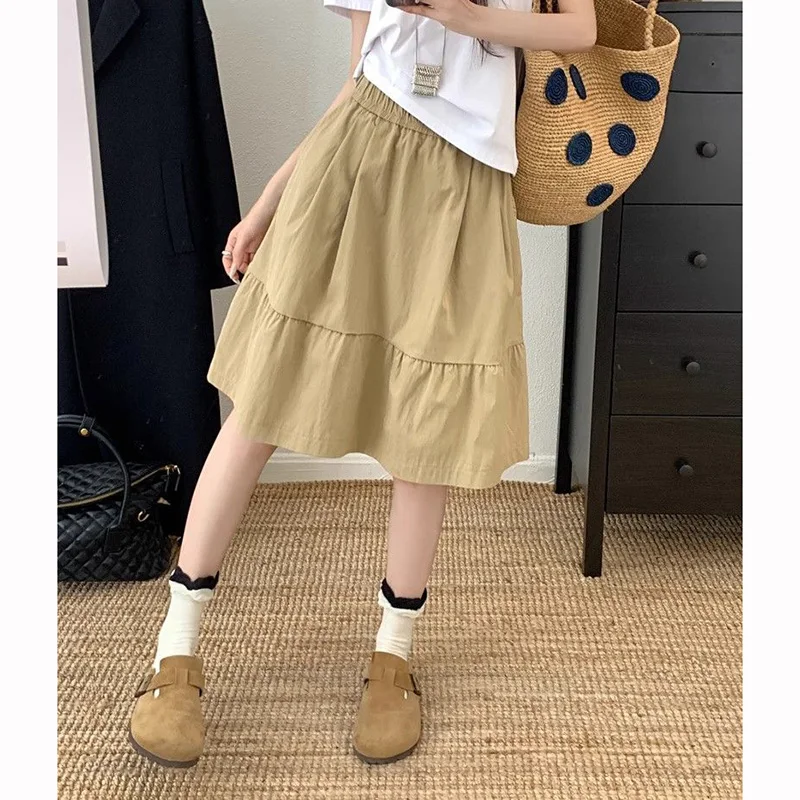Summer Girls Chic Baggy A-line Skirts Female Korean Designer High Waist Skirts Women Fashion Classic Solid Mid-Long Dress