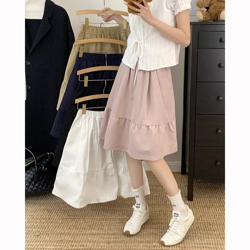 Summer Girls Chic Baggy A-line Skirts Female Korean Designer High Waist Skirts Women Fashion Classic Solid Mid-Long Dress