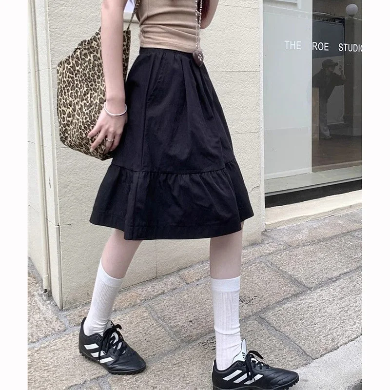 Summer Girls Chic Baggy A-line Skirts Female Korean Designer High Waist Skirts Women Fashion Classic Solid Mid-Long Dress