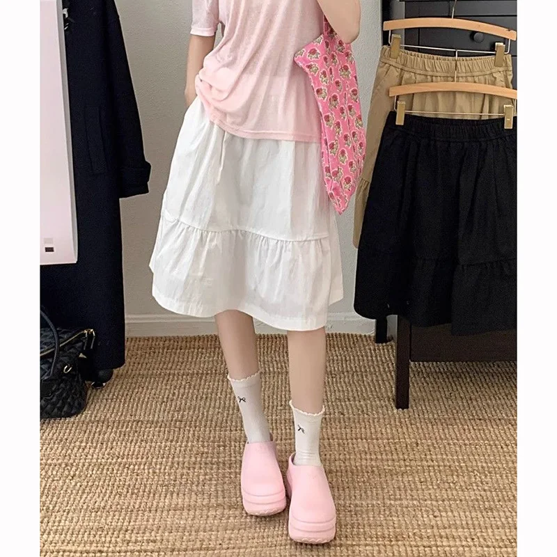 Summer Girls Chic Baggy A-line Skirts Female Korean Designer High Waist Skirts Women Fashion Classic Solid Mid-Long Dress