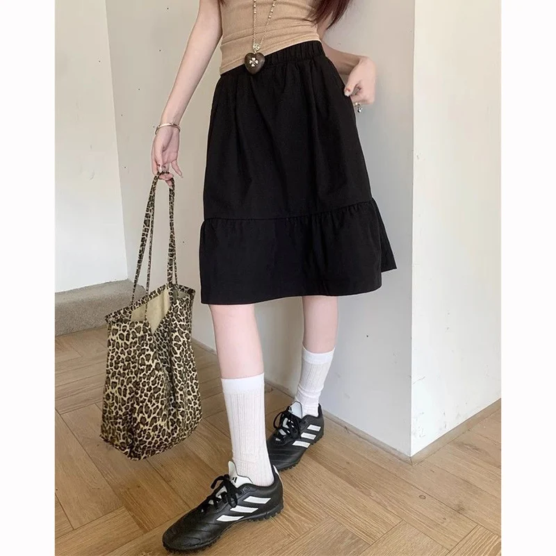 Summer Girls Chic Baggy A-line Skirts Female Korean Designer High Waist Skirts Women Fashion Classic Solid Mid-Long Dress