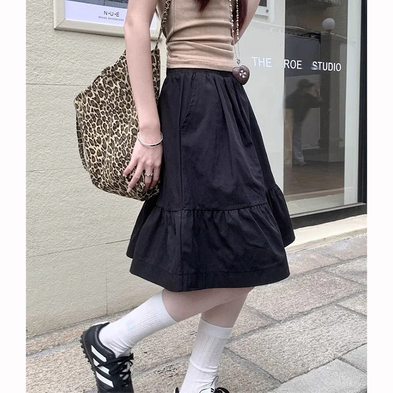 Summer Girls Chic Baggy A-line Skirts Female Korean Designer High Waist Skirts Women Fashion Classic Solid Mid-Long Dress