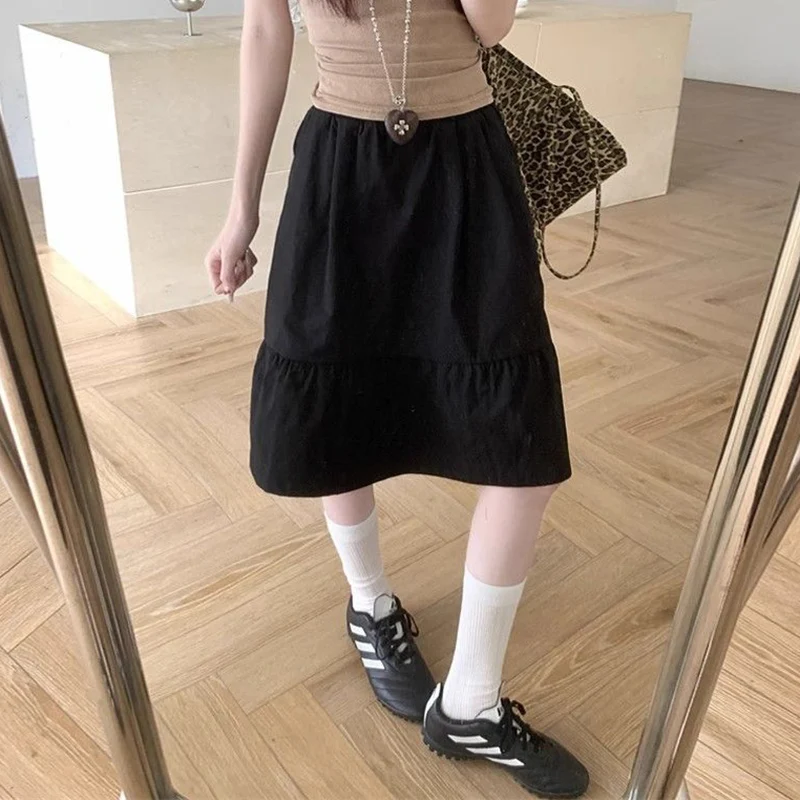 Summer Girls Chic Baggy A-line Skirts Female Korean Designer High Waist Skirts Women Fashion Classic Solid Mid-Long Dress