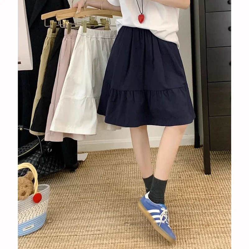 Summer Girls Chic Baggy A-line Skirts Female Korean Designer High Waist Skirts Women Fashion Classic Solid Mid-Long Dress
