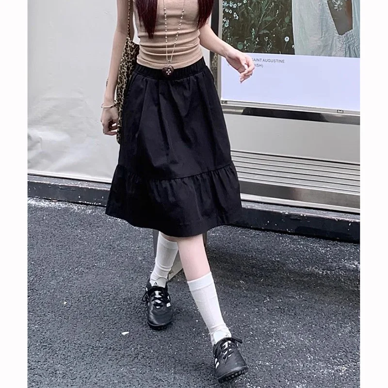 Summer Girls Chic Baggy A-line Skirts Female Korean Designer High Waist Skirts Women Fashion Classic Solid Mid-Long Dress