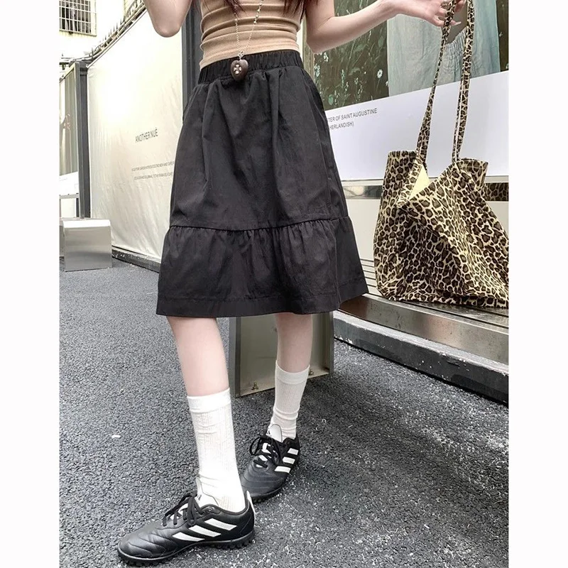 Summer Girls Chic Baggy A-line Skirts Female Korean Designer High Waist Skirts Women Fashion Classic Solid Mid-Long Dress