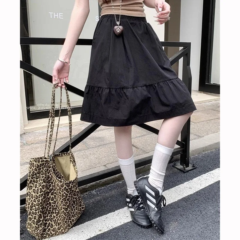 Summer Girls Chic Baggy A-line Skirts Female Korean Designer High Waist Skirts Women Fashion Classic Solid Mid-Long Dress