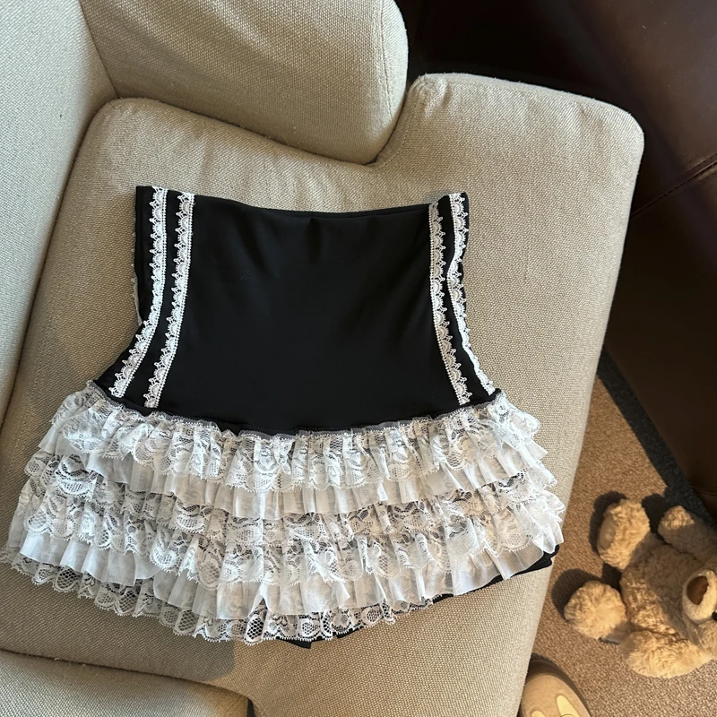 Y2K Lace Mini Skirt Women Kawaii Cutecore Ruffles Patchwork Ball Gown Skirts Summer Japanese Harajuku High Waist A Line Faldas