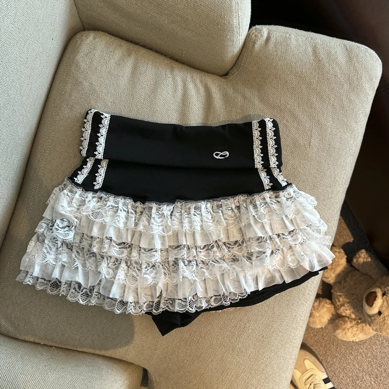 Y2K Lace Mini Skirt Women Kawaii Cutecore Ruffles Patchwork Ball Gown Skirts Summer Japanese Harajuku High Waist A Line Faldas