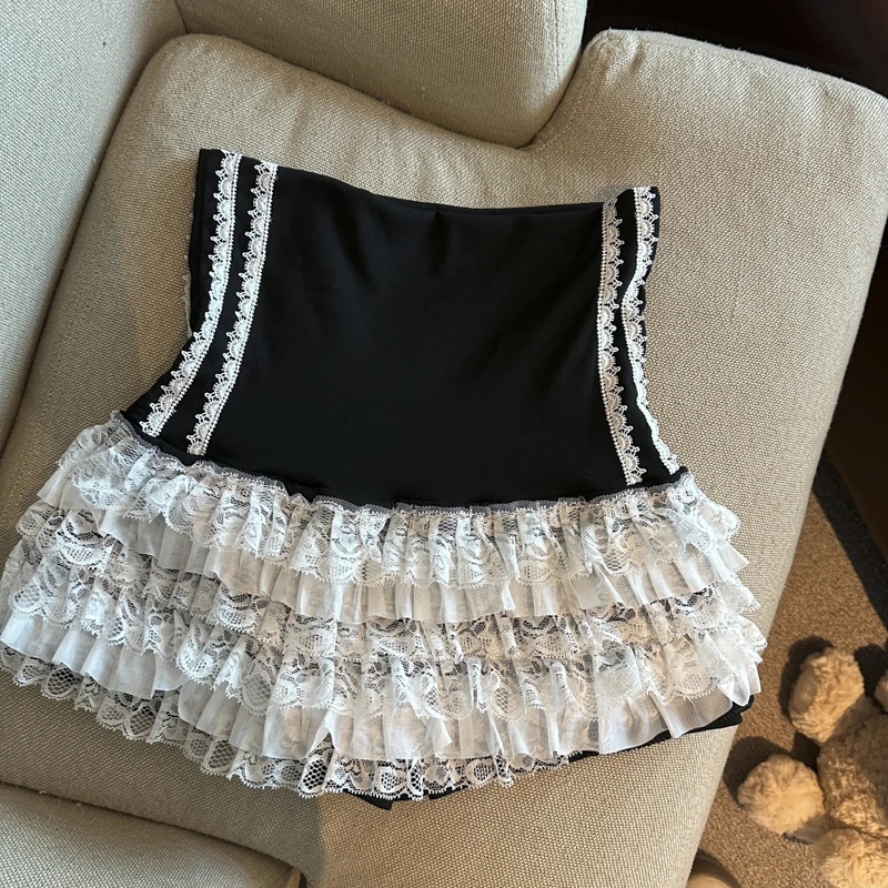 Y2K Lace Mini Skirt Women Kawaii Cutecore Ruffles Patchwork Ball Gown Skirts Summer Japanese Harajuku High Waist A Line Faldas