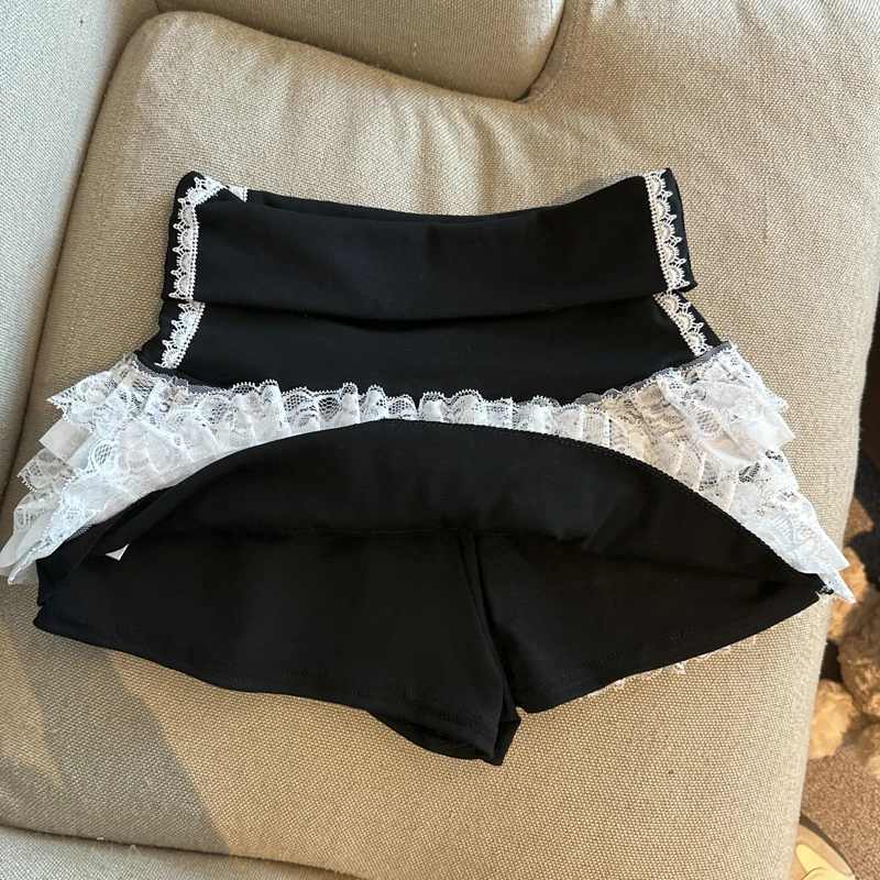 Y2K Lace Mini Skirt Women Kawaii Cutecore Ruffles Patchwork Ball Gown Skirts Summer Japanese Harajuku High Waist A Line Faldas