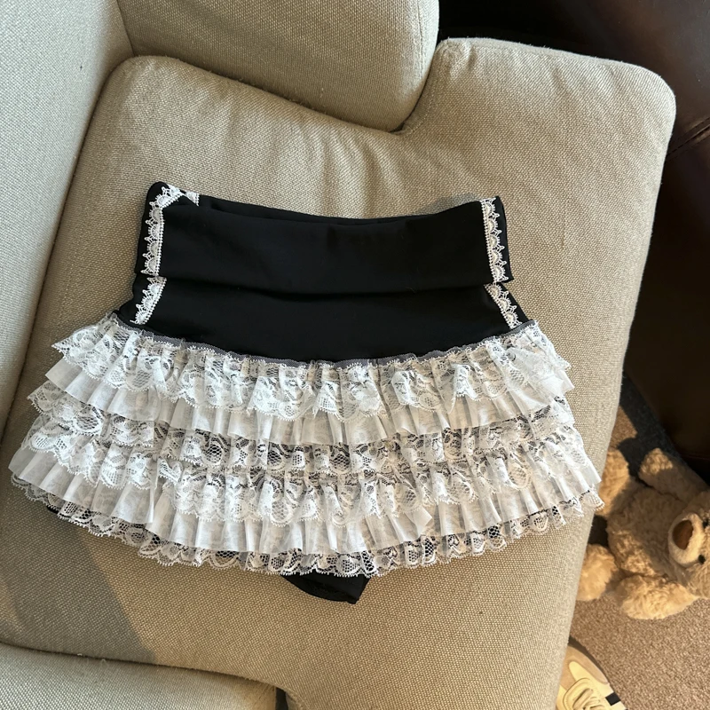 Y2K Lace Mini Skirt Women Kawaii Cutecore Ruffles Patchwork Ball Gown Skirts Summer Japanese Harajuku High Waist A Line Faldas