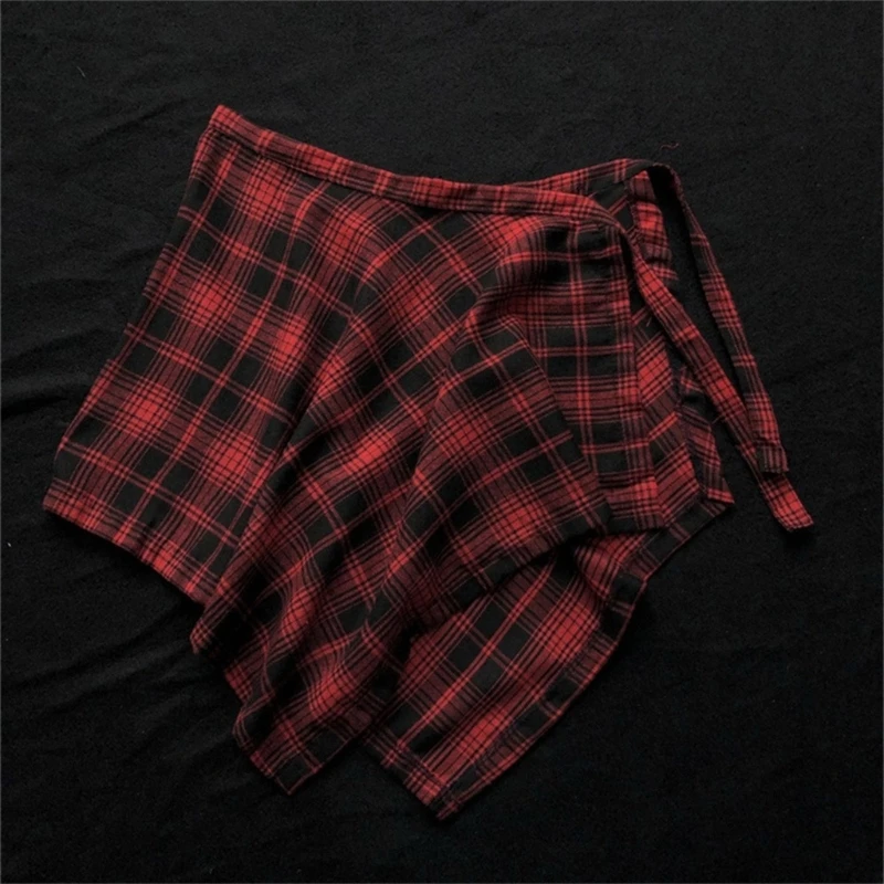 Unisex Layered A Line Wrap Skirt Hiphop Street Dance Checkered Hip Scarf Tie Up Asymmetrical Overskirt Shirt Extender