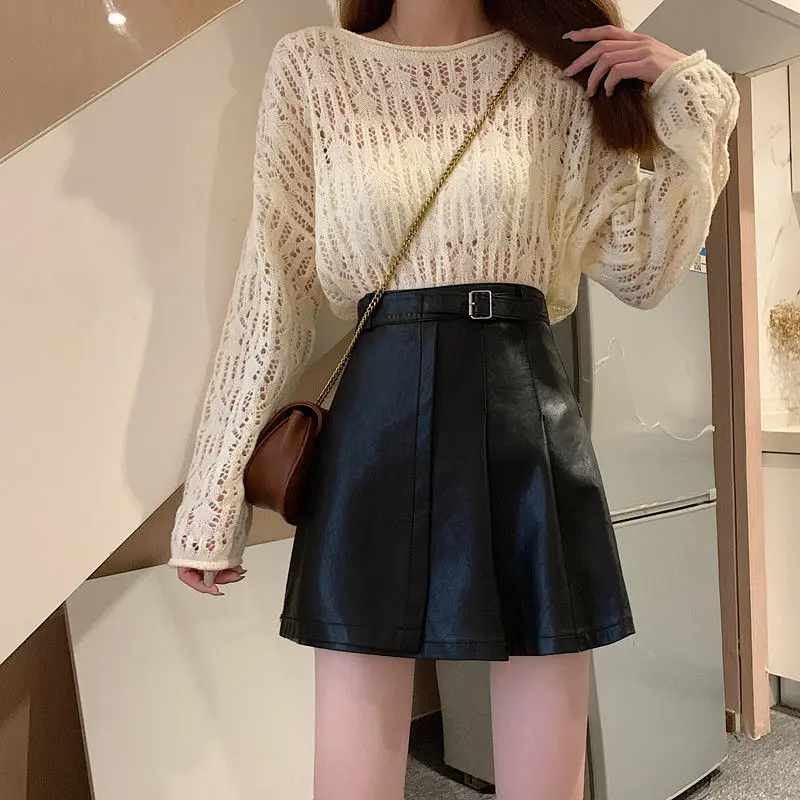 2025 New Faux Leather Skirt Women Korean Solid PU Black/White High Waist Skirts Woman
