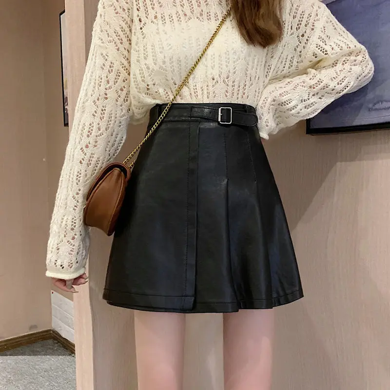 2025 New Faux Leather Skirt Women Korean Solid PU Black/White High Waist Skirts Woman