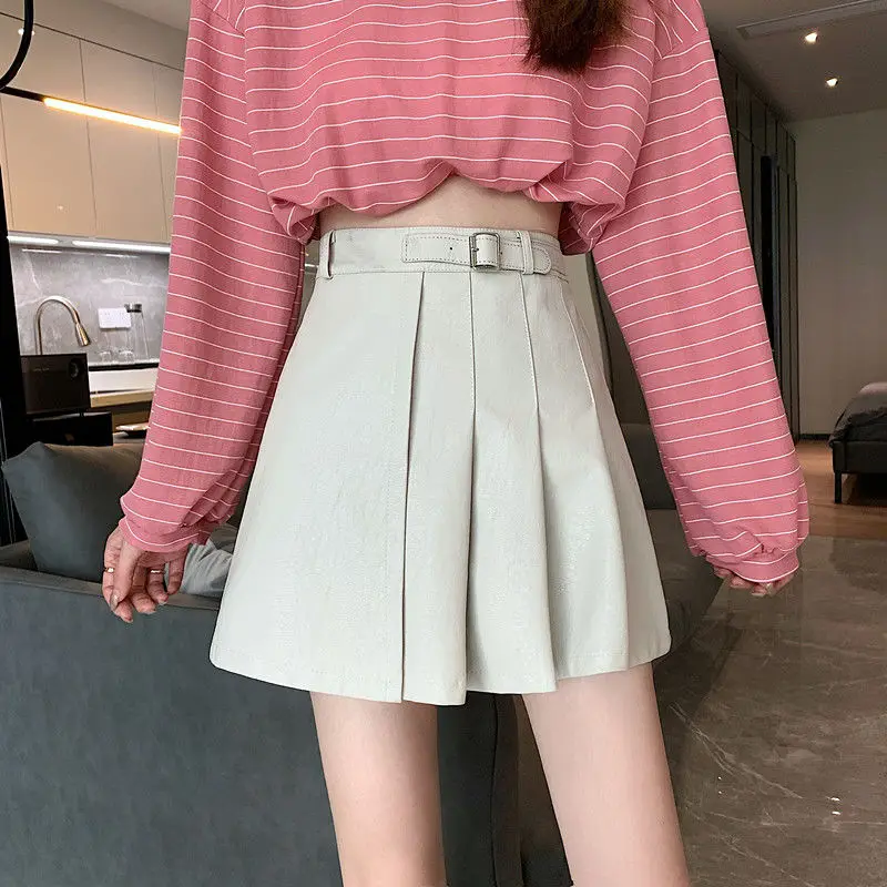 2025 New Faux Leather Skirt Women Korean Solid PU Black/White High Waist Skirts Woman