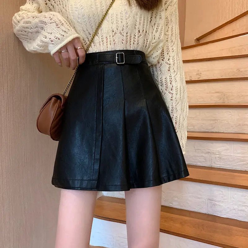 2025 New Faux Leather Skirt Women Korean Solid PU Black/White High Waist Skirts Woman