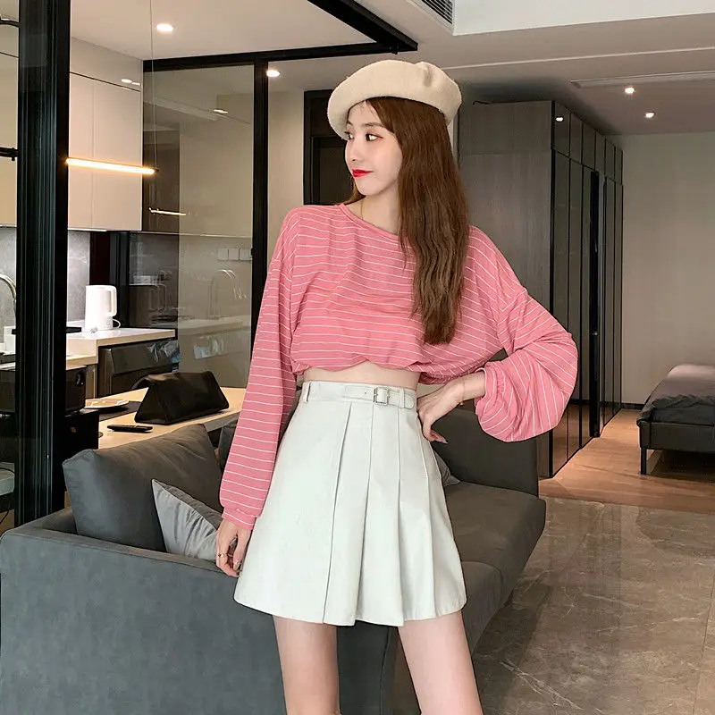 2025 New Faux Leather Skirt Women Korean Solid PU Black/White High Waist Skirts Woman