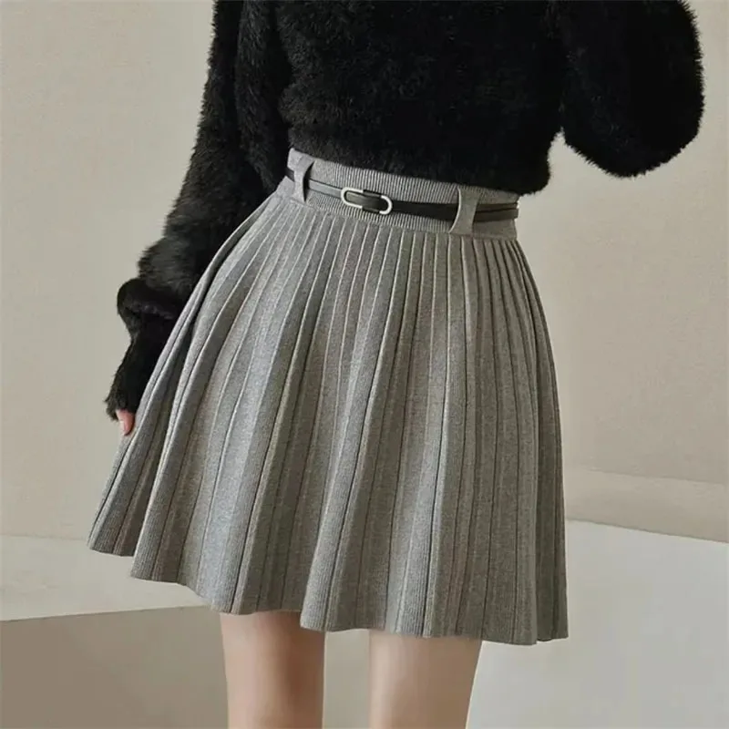 Autumn Winter Knitted Pleated Skirts Women Korean Fashion High Waist A-Line Skirts Ladies Elegant Streetwear Gray Mini Skirt