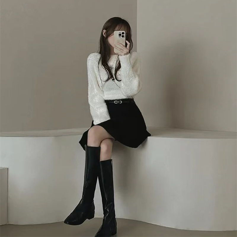 Autumn Winter Knitted Pleated Skirts Women Korean Fashion High Waist A-Line Skirts Ladies Elegant Streetwear Gray Mini Skirt