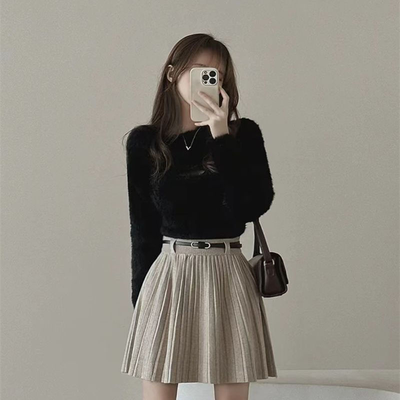 Autumn Winter Knitted Pleated Skirts Women Korean Fashion High Waist A-Line Skirts Ladies Elegant Streetwear Gray Mini Skirt