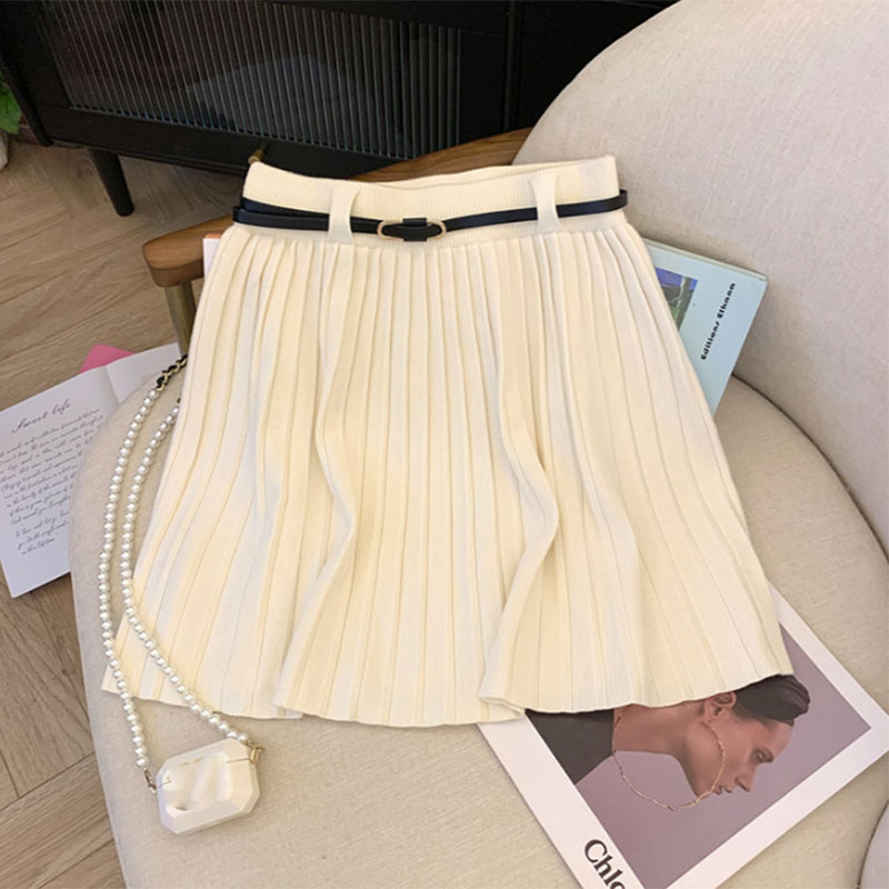 Autumn Winter Knitted Pleated Skirts Women Korean Fashion High Waist A-Line Skirts Ladies Elegant Streetwear Gray Mini Skirt