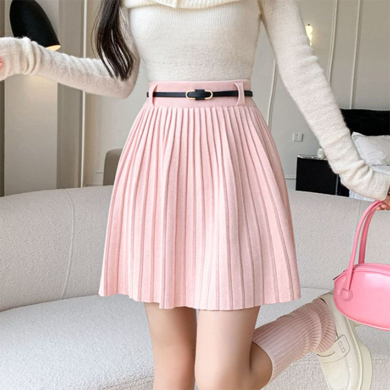Autumn Winter Knitted Pleated Skirts Women Korean Fashion High Waist A-Line Skirts Ladies Elegant Streetwear Gray Mini Skirt