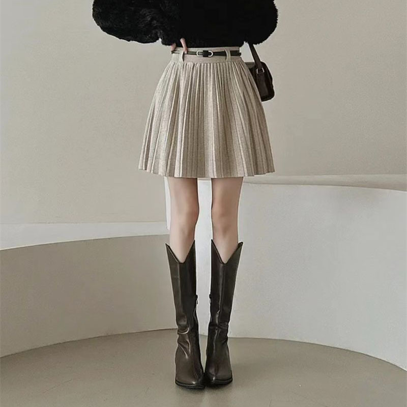 Autumn Winter Knitted Pleated Skirts Women Korean Fashion High Waist A-Line Skirts Ladies Elegant Streetwear Gray Mini Skirt