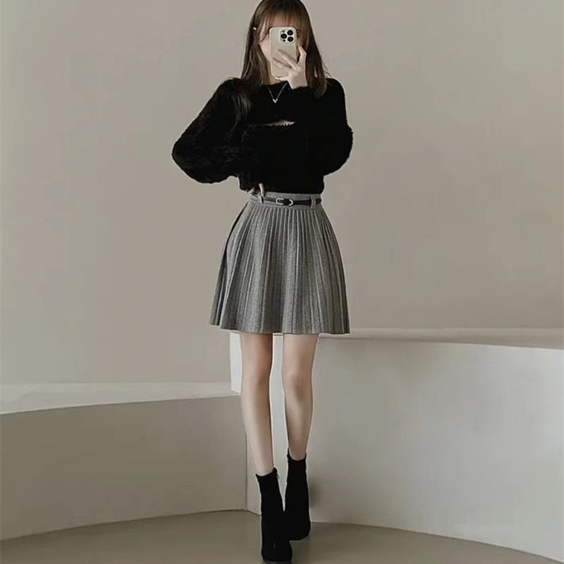Autumn Winter Knitted Pleated Skirts Women Korean Fashion High Waist A-Line Skirts Ladies Elegant Streetwear Gray Mini Skirt