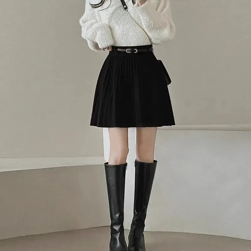Autumn Winter Knitted Pleated Skirts Women Korean Fashion High Waist A-Line Skirts Ladies Elegant Streetwear Gray Mini Skirt
