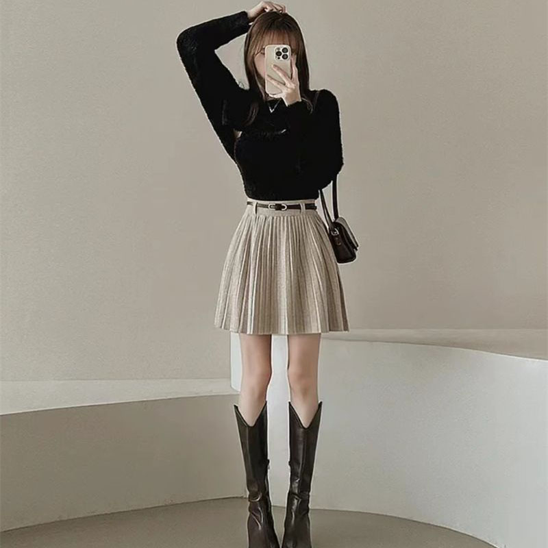 Autumn Winter Knitted Pleated Skirts Women Korean Fashion High Waist A-Line Skirts Ladies Elegant Streetwear Gray Mini Skirt