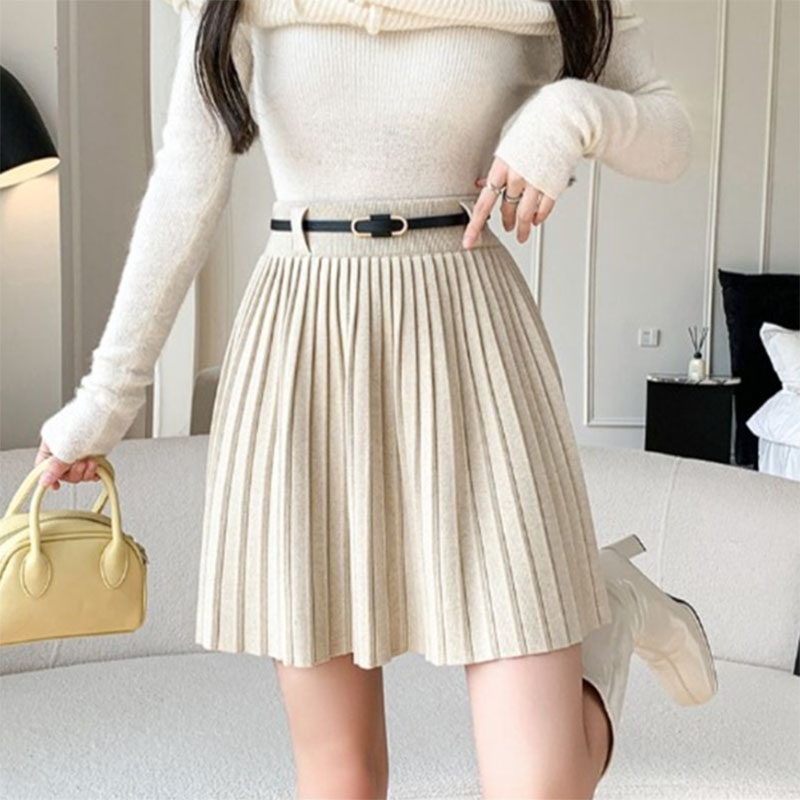 Autumn Winter Knitted Pleated Skirts Women Korean Fashion High Waist A-Line Skirts Ladies Elegant Streetwear Gray Mini Skirt