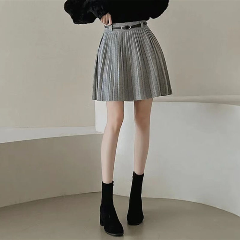 Autumn Winter Knitted Pleated Skirts Women Korean Fashion High Waist A-Line Skirts Ladies Elegant Streetwear Gray Mini Skirt