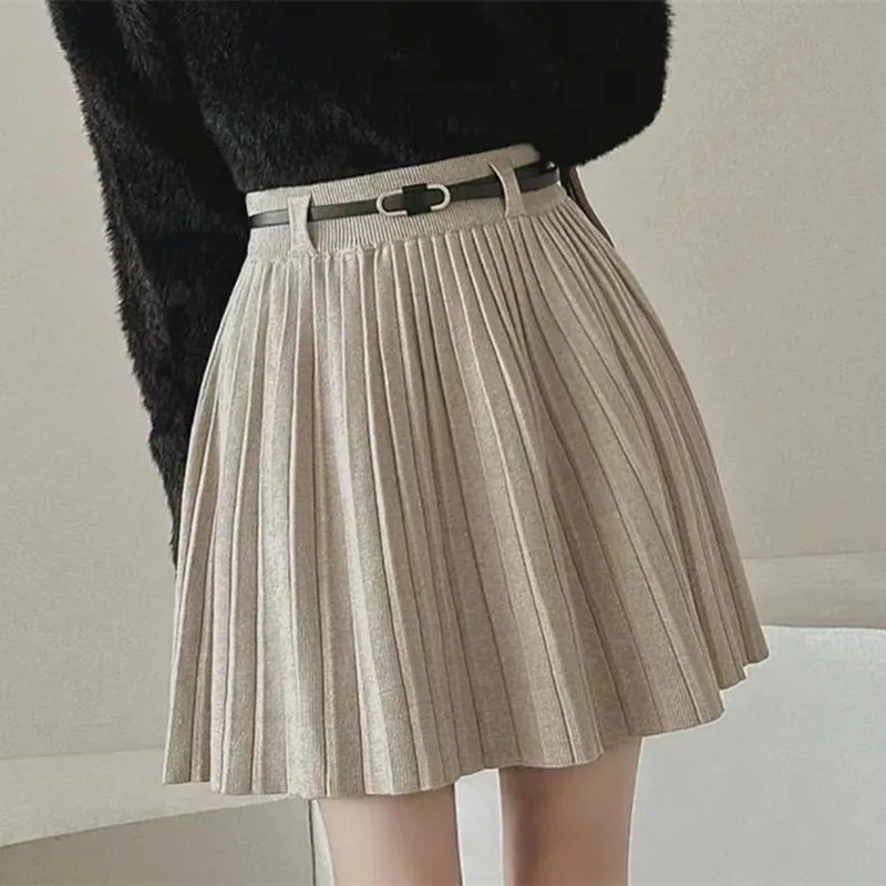 Autumn Winter Knitted Pleated Skirts Women Korean Fashion High Waist A-Line Skirts Ladies Elegant Streetwear Gray Mini Skirt