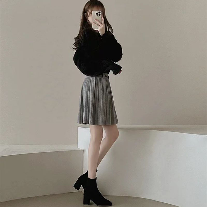 Autumn Winter Knitted Pleated Skirts Women Korean Fashion High Waist A-Line Skirts Ladies Elegant Streetwear Gray Mini Skirt