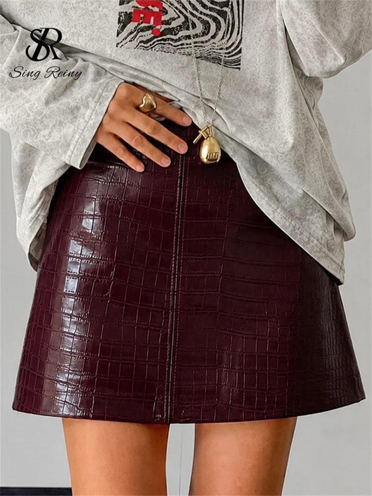 SINGREINY Fake Leather Vintage Mini Skirts Crocodile Grain Plaid Texture Slim Basic Autumn Women Ins Trendy Street A-line Skirts