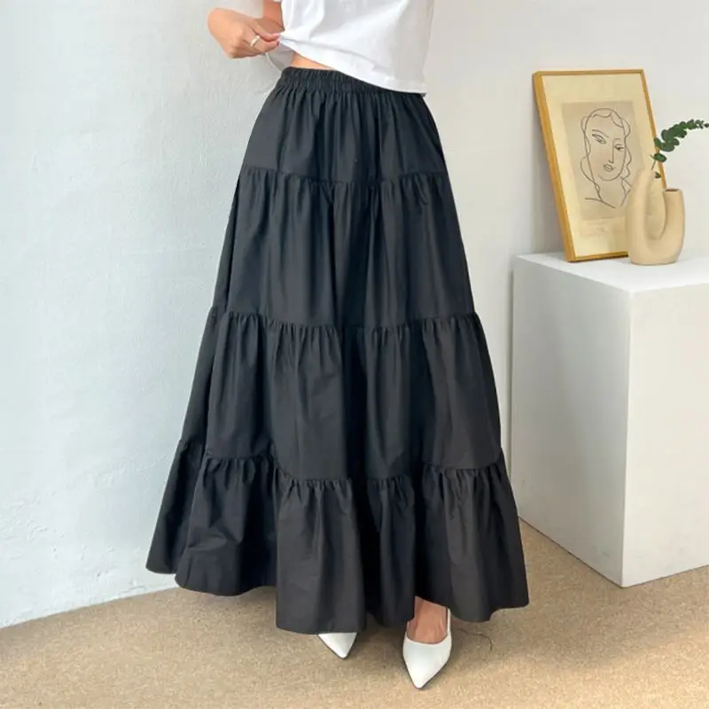 ZANZEA Women Korean Fashion Tiered Maxi Skirt Elastic Waist Casual Solid Color A-line Faldas Mujer Holiday Streetwear Long Jupes