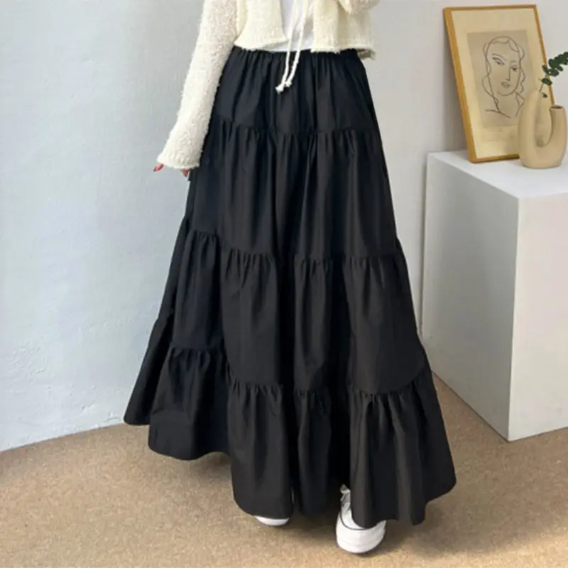 ZANZEA Women Korean Fashion Tiered Maxi Skirt Elastic Waist Casual Solid Color A-line Faldas Mujer Holiday Streetwear Long Jupes