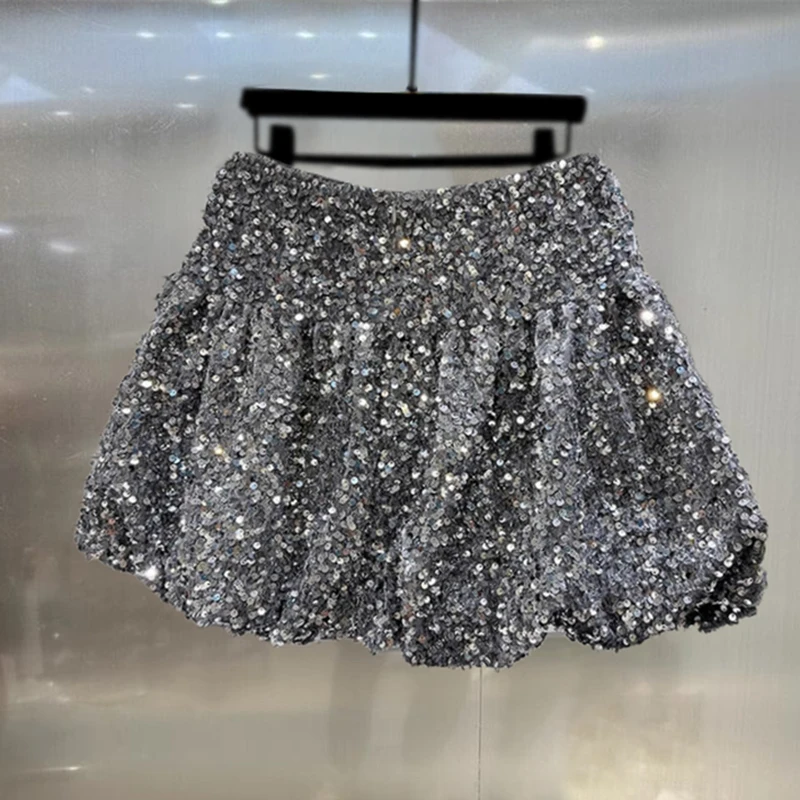 DEAT Fashion Women's Heavy Industry Sequins Skirts For Women Trendy Zipper Wrap Hip Ball Gown Skirt Female Spring New 11A02566