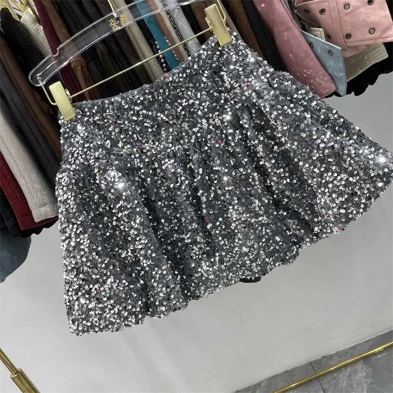 DEAT Fashion Women's Heavy Industry Sequins Skirts For Women Trendy Zipper Wrap Hip Ball Gown Skirt Female Spring New 11A02566